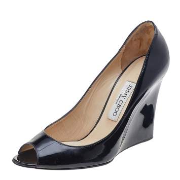 Pre Owned Jimmy Choo Black Patent Leather Bello Peep Toe Wedge Pumps Size 39