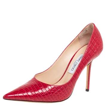 Pre Owned Jimmy Choo Red Croc Embossed Leather Emi Pumps Size 39.5