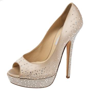 Pre Owned Jimmy Choo Beige Crystal Embellished Satin Peep-Toe Platform Pumps Size 39 