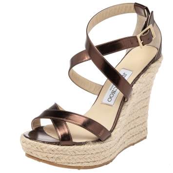 Pre Owned Jimmy Choo Bronze Metallic Leather Porto Espadrille Wedges Size 37