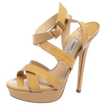 Pre Owned Jimmy Choo Beige Patent Leather Vamp Platform Sandals Size 37