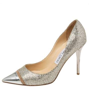 Pre Owned Jimmy Choo Silver/Gold Lurex Fabric And Leather Pointed Toe Pumps Size 37