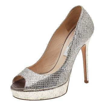 Pre Owned Jimmy Choo Metallic Champagne Lamè Glitter Fabric Dahlia Platform Peep Toe Pumps Size 37