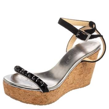 Pre Owned Jimmy Choo Black Suede Natsby Embellished Cork Wedge Platform Ankle-Strap Sandals Size 36