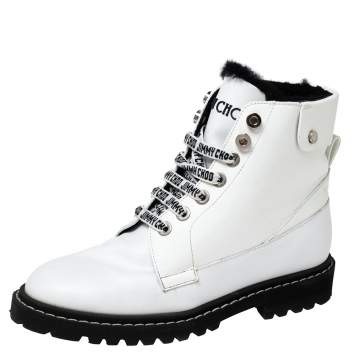 Pre Owned Jimmy Choo White Patent and Leather Lace-Up Ankle Heated Boots Size 40