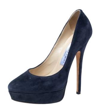 Pre Owned Jimmy Choo Dark Navy Blue Suede Jenara Platform Pumps Size 36.5 