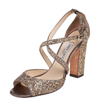 Pre Owned Jimmy Choo Gold Coarse Glitter Carrie Cross Strap Ankle Sandals Size 39