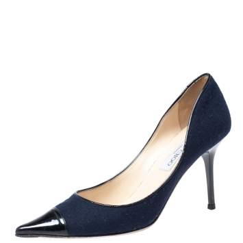 Pre Owned Jimmy Choo Navy Blue/Black Fabric and Patent Leather Cap Pointed-Toe Romy Pumps Size 37