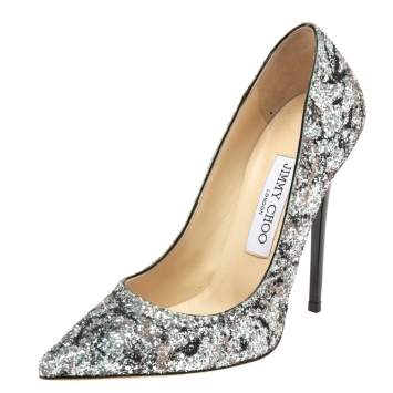 Pre Owned Jimmy Choo Silver Coarse Glitter  Romy Pumps Size 36
