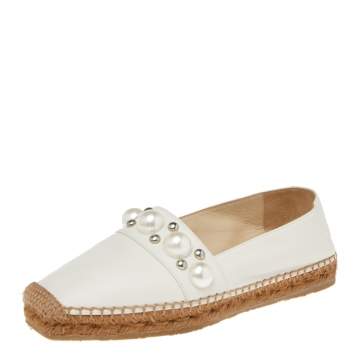Pre Owned Jimmy Choo White Leather Embellished  Espadrille Flats Size 36.5