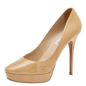 Pre Owned Jimmy Choo Beige Patent Leather Cosmic Platform Pumps Size 40