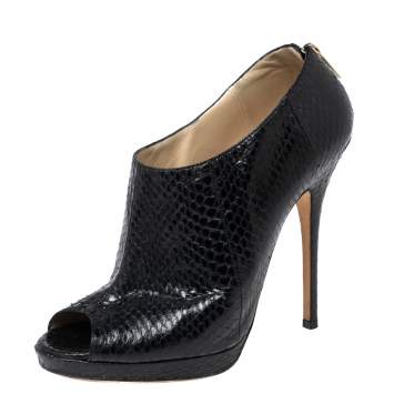 Pre Owned Jimmy Choo Black Python Leather Peep-Toe Ankle Booties Size 38.5