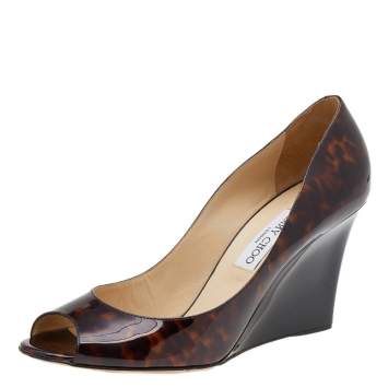 Pre Owned Jimmy Choo Brown Leopard Print Patent Leather Peep Toe Wedge Pumps Size 41