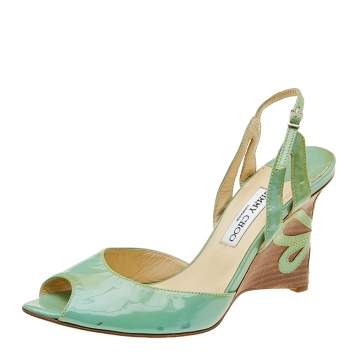 Pre Owned Jimmy Choo Green Patent Leather Slingback Wedge Sandals Size 40