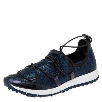 Pre Owned Jimmy Choo Blue Lurex Fabric And Leather Andrea Slip On Sneakers Size 37