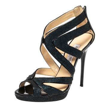 Pre Owned Jimmy Choo Blue Lamé Fabric And Glitter Leila Sandals Size 36.5