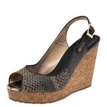 Pre Owned Jimmy Choo Black/Beige Woven Fabric Wedge Sandals Size 39