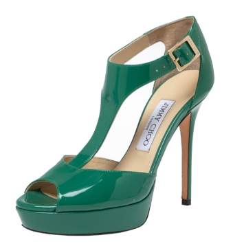Pre Owned Jimmy Choo Green Patent Leather T-Bar Platform Sandals Size 36
