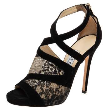 Pre Owned Jimmy Choo Black Lace and Suede Flyte Sandals Size 36.5