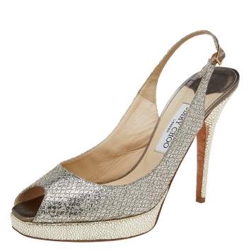 Pre Owned Jimmy Choo Silver/Gold Glitter and Leather Peep Toe Slingback Platform Sandals Size 41