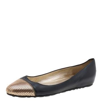 Pre Owned Jimmy Choo Black Leather Waine Chainmail Cap Toe Ballet Flats Size 38.5