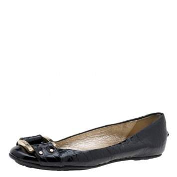Pre Owned Jimmy Choo Black Croc Embossed Patent Leather Morse Buckle Ballet Flats Size 39