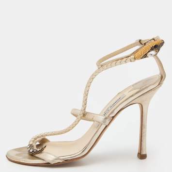 Jimmy Choo Metallic Gold Leather Leather Snake Embossed Ankle Strap Sandals Size 38