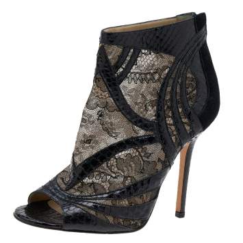Pre Owned Jimmy Choo Black Snakeskin and Lace Peep Toe Booties Size 37.5