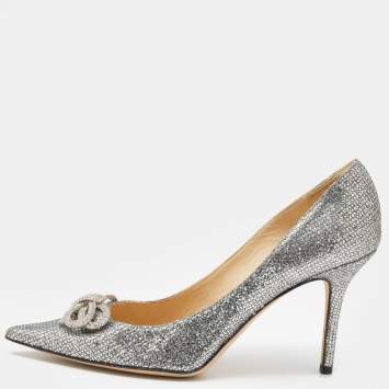 Pre Owned Jimmy Choo Silver Glitter Crystal Bow Samba Pointed Toe Pumps Size 39