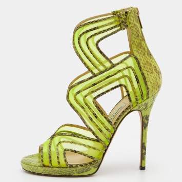 Pre Owned Jimmy Choo Neon Green Python And Mesh Cutout Magnum Sandals Size 39