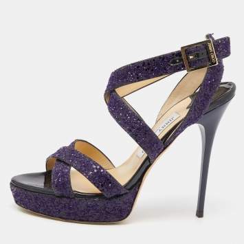 Pre Owned Jimmy Choo Purple Glitter Criss Cross Vamp Platform Sandals Size 39