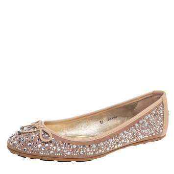 Pre Owned Jimmy Choo Beige Leather Crystal Embellished Ballet Flats Size 38
