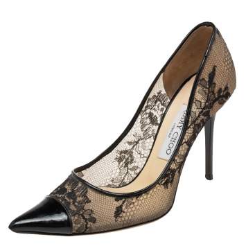 Pre Owned Jimmy Choo Black/Beige Lace And Patent Leather Pointed Toe Pumps Size 38