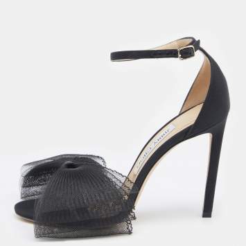 Pre Owned Jimmy Choo Black Fabric And Mesh Aveline Bow Ankle Strap Sandals Size 37.5