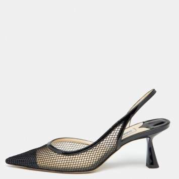 Pre Owned Jimmy Choo Black Patent Leather And Mesh Fetto Slingback Sandals Size 39.5