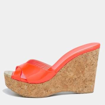 Pre Owned Jimmy Choo Neon Orange Patent Leather Prima Cork Wedge Sandals Size 37.5