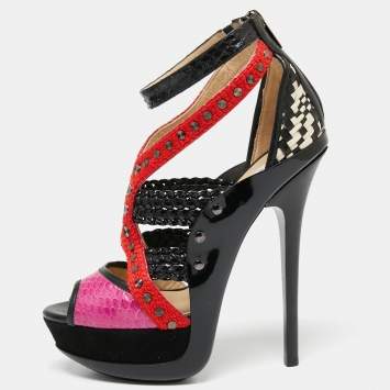 Pre Owned Jimmy Choo Multicolor Python And Patent Leather Platform Ankle Strap Sandals Size 38