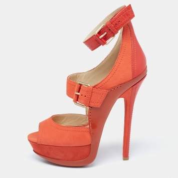 Pre Owned Jimmy Choo Orange Leather And Nubuck Platform Peep Toe Sandals Size 38
