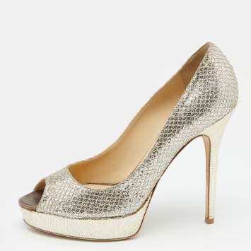 Pre Owned Jimmy Choo Metallic Silver/Gold Lamé Fabric And Glitter Dahlia Platform Pumps Size 40
