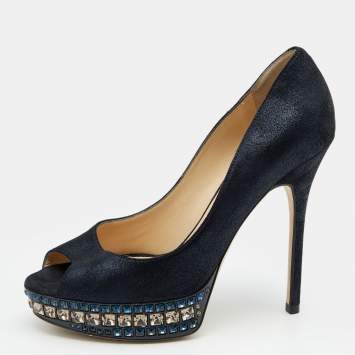 Pre Owned Jimmy Choo Navy Blue Metallic Suede Embellished Platform Pumps Size 36