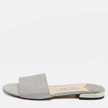 Pre Owned Jimmy Choo Silver Glitter Joni Flat Slides Size 39