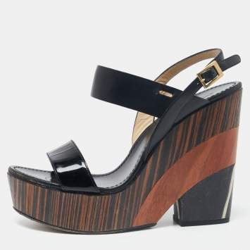 Pre Owned Jimmy Choo Black Patent And Leather Cork Wedge Sandals Size 39.5