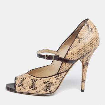 Pre Owned Jimmy Choo Beige/Black Python Leather Mary Jane Peep Toe Pumps Size 38.5