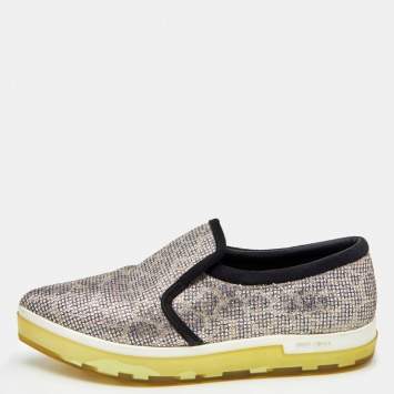 Pre Owned Jimmy Choo Metallic/Black Glitters and Suede Smoking Slippers Size 37.5