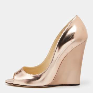Pre Owned Jimmy Choo Metallic Gold Patent Leather Peep Toe Wedge Pumps Size 37