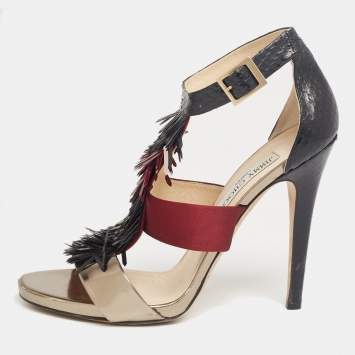 Pre Owned Jimmy Choo Tri Color Satin, Snakeskin and Leather Fedora Fringe Ankle-Strap Sandals Size 40