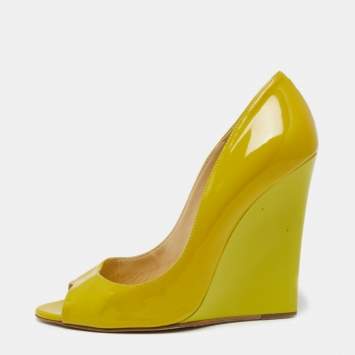 Pre Owned Jimmy Choo Olive Green Patent Leather Peep Toe Wedge Pumps Size 37.5