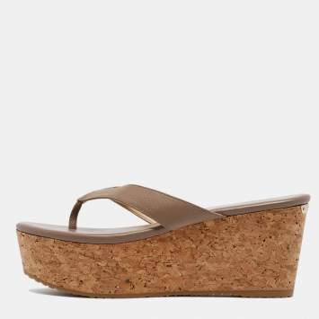 Pre Owned Jimmy Choo Brown Leather Paque Cork Platform Sandals Size 40