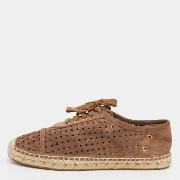 Pre Owned Jimmy Choo Brown Suede Dare Star Perforated Lace Up Espadrille Flats Size 38