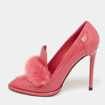 Pre Owned Jimmy Choo Pink Patent Leather Mink Fur Trim Lyza Loafer Pumps Size 35